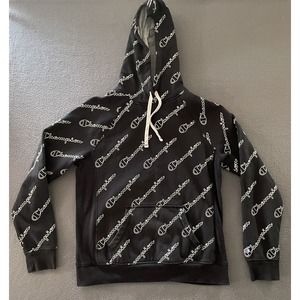 Champion Hoodie Women Size Medium Black All Over‎ Print Logo